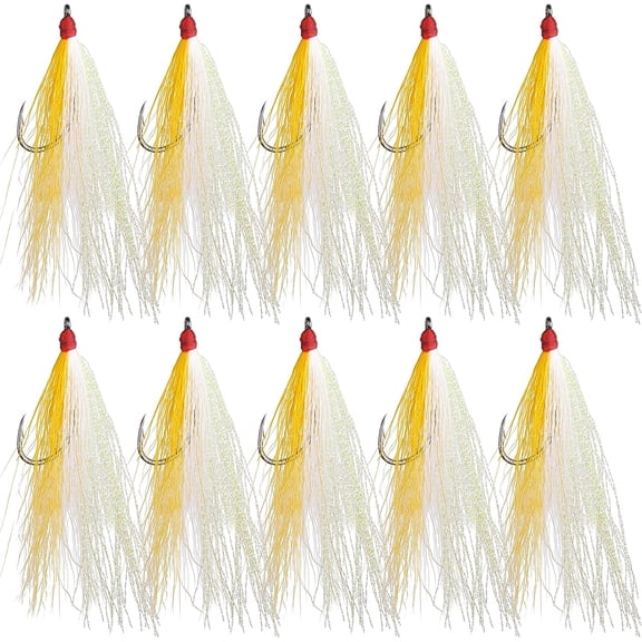 Fishing Bucktail Teaser Hooks, 10pcs Saltwater Fishing Jigs Teaser Hooks High Carbon Steel Hooks with Crystal Flash Feather Skirt for Fluke Flounder Salmon Trout Sea Bass Steelhead