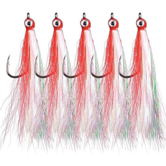 Fishing Bucktail Teaser Hooks,5pcs Saltwater Fishing Teaser Lures with Bucktail Crystal Flash Skirt Big Eyes Fluke Flounder Rig Fishing Jig Hooks 5 Colors