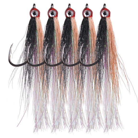 Fishing Bucktail Teaser Hooks,5pcs Saltwater Fishing Teaser Lures with Bucktail Crystal Flash Skirt Big Eyes Fluke Flounder Rig Fishing Jig Hooks