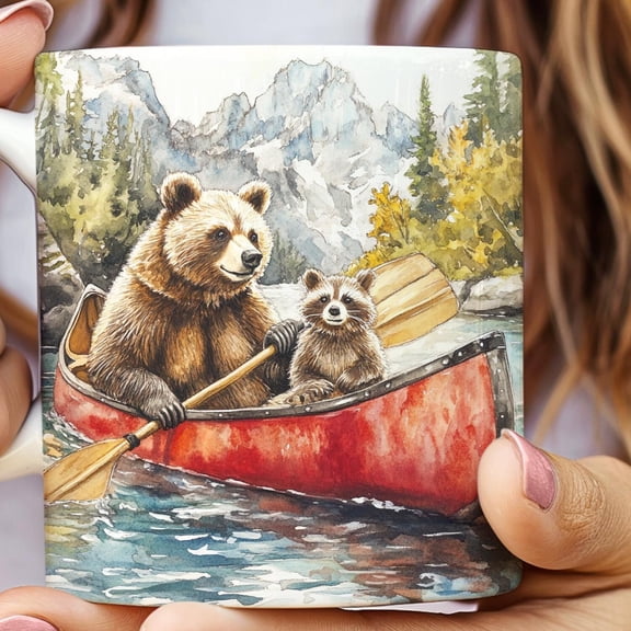 Fishing Buddies Bear and Raccoon in Canoe, Gift for Him, Fishing Coffee Cup, Outdoor Adventure Tea Mug, Camping Animals, Morning Coffee Cup