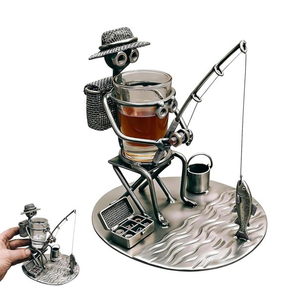 Fishing Buddy Shot Glass Holder, Handcrafted Metal Fisherman Wine Rack, Unique Whiskey Shot Display, Funny Bar Decor for Fishermen Dad Grandpa