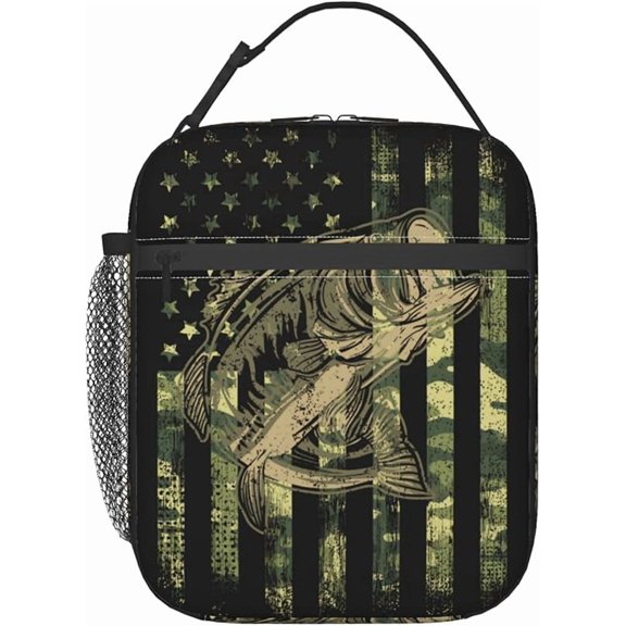 Fishing Camouflage American Flag Bass Insulated Lunch Box Portable Lunch Bag with Detachable Handle,Reusable Lunchbox for Men Women
