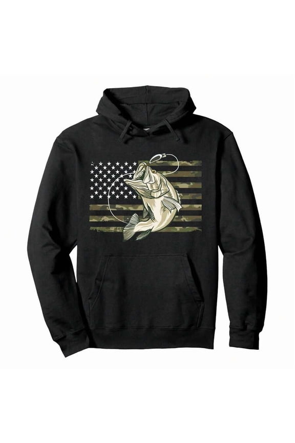 Fishing Camouflage US American Flag Bass Fish Fisherman Camo Pullover Hoodie ,Men's Hooded Sweatshirt, Lightweight And Ultra - Comfortable, A Must - Have For Daily Strolls, Travel And Outdoor!