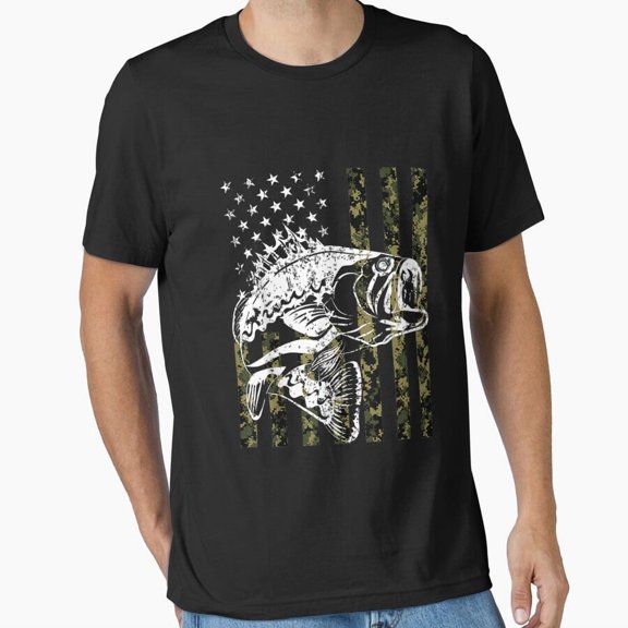 Fishing Camouflage USA Flag Bass Fisherman Gift Outdoors Sport T-Shirt, for Men & Women, up to Size 5XL