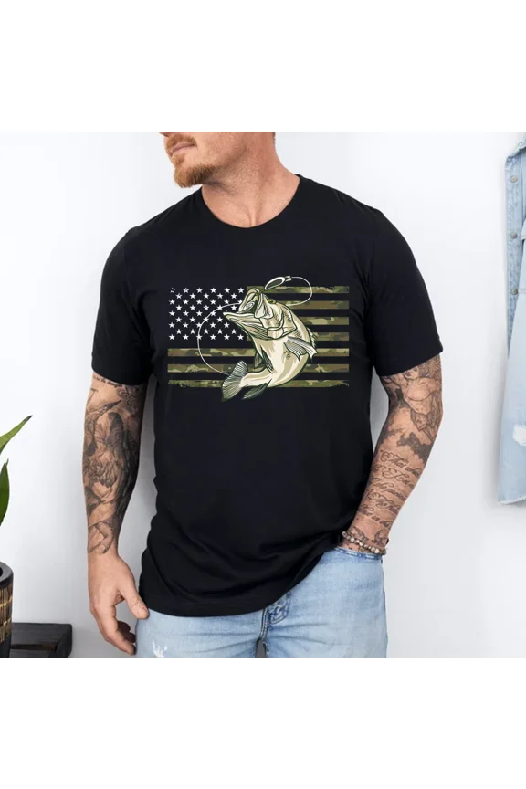Fishing Camouflage Us American Flag Bass Fish Fisherman Camo Shirt BLACK S-5XL