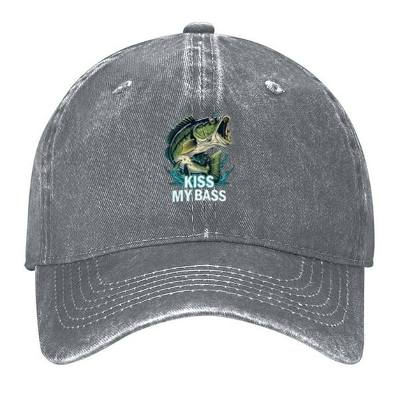 Fishing Cap Kiss My Bass Print Vintage Wash Dad Hat Adjustable Curved Brim Baseball Cap,Casual Outdoor Sports Fishing Cap for Men and Women