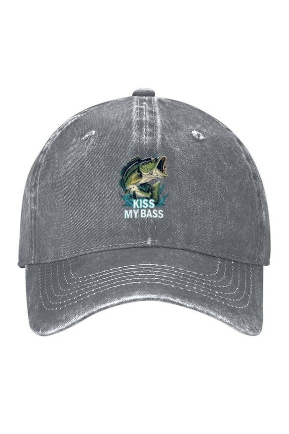 Fishing Cap Kiss My Bass Print Vintage Wash Dad Hat Adjustable Curved Brim Baseball Cap,Casual Outdoor Sports Fishing Cap for Men and Women