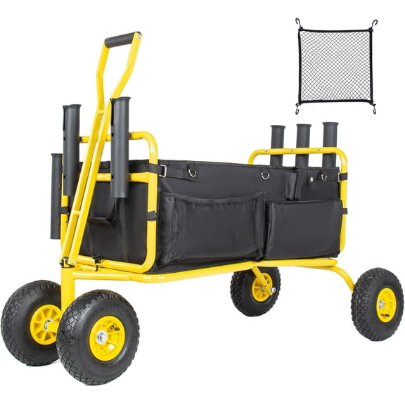 Fishing Cart Beach Cart Collapsible Wagon with 9.85'' Wheels, Heavy Duty Garden Cart with Rod Holders,Umbrella Holder and Storage Pockets,550lb Large Capacity (Yellow)