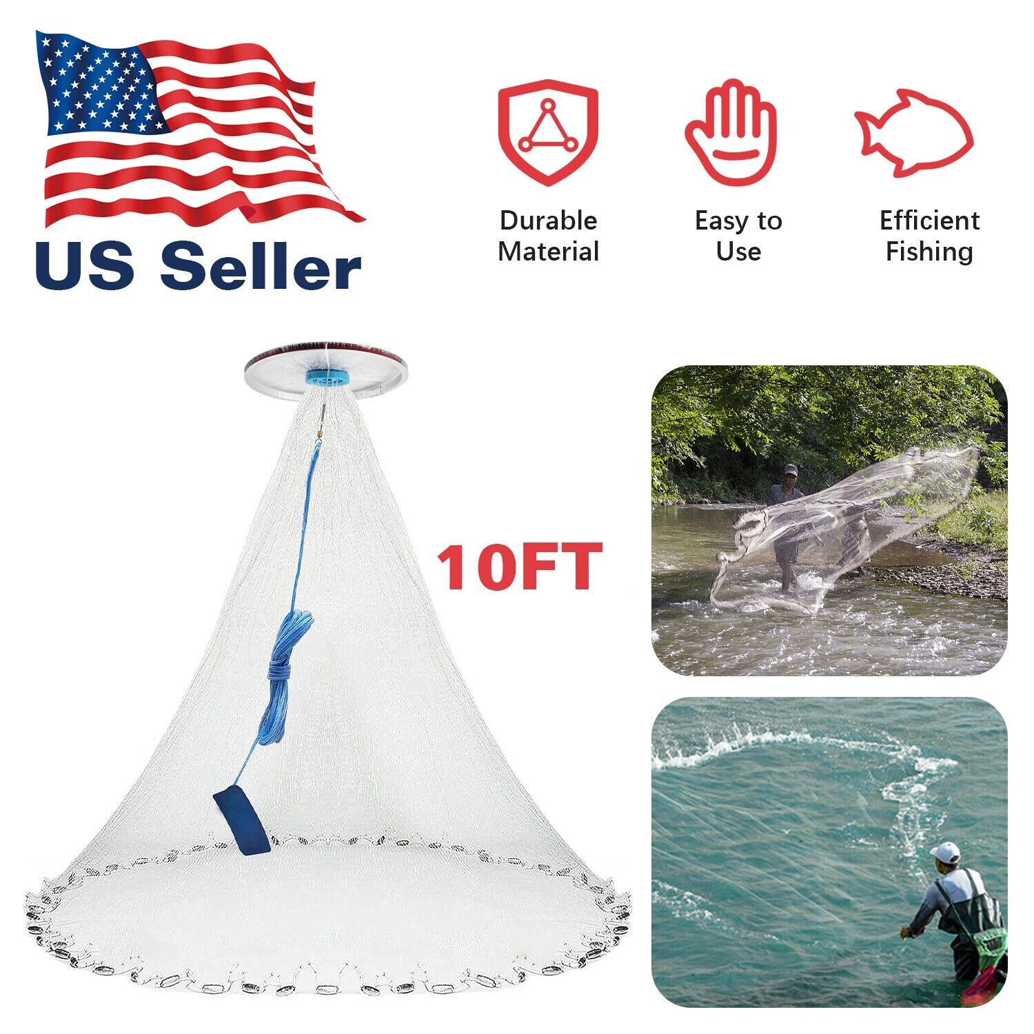 Fishing Cast Net for Bait Trap Fish 10ft Radius Casting Nets W/ Heavy