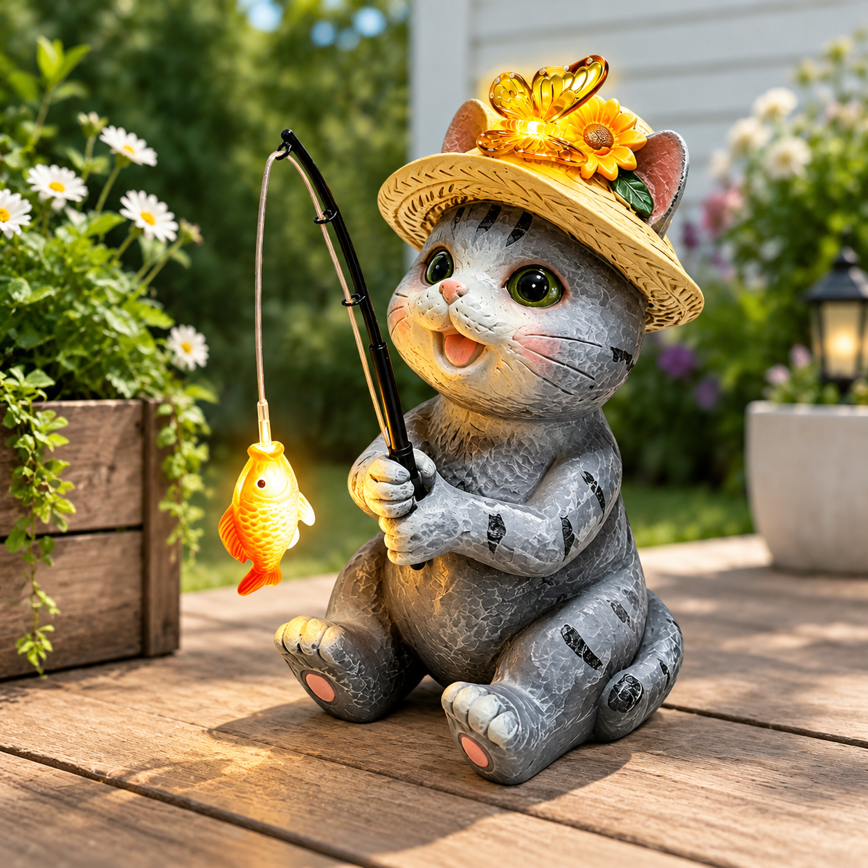 Fishing Cat Garden Statue with Solar Lights, Waterproof Outdoor Decor ...