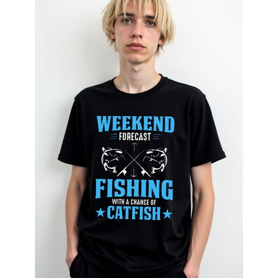 Fishing Catfish Weekend Forecast Men's Crew neck T-shirts black casual graphic Comfortable loose T-shirt Vintage Unisex Shirt Crewneck tshirts