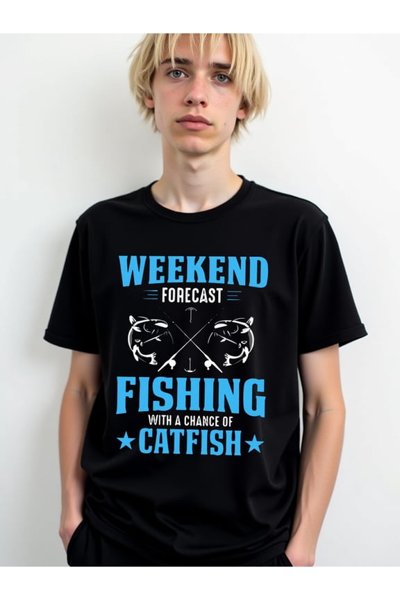 Fishing Catfish Weekend Forecast Men's Crew neck T-shirts black casual graphic Comfortable loose T-shirt Vintage Unisex Shirt Crewneck tshirts