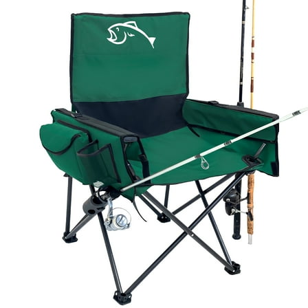 Fishing Chair with Rod Holder  Built In Cooler  Hands Free Fishing Pole Holder - Storage Pouch  Storage Bag for Fishing Accessories  Full Size Portable & Folding  Ruler for Measuring Fish