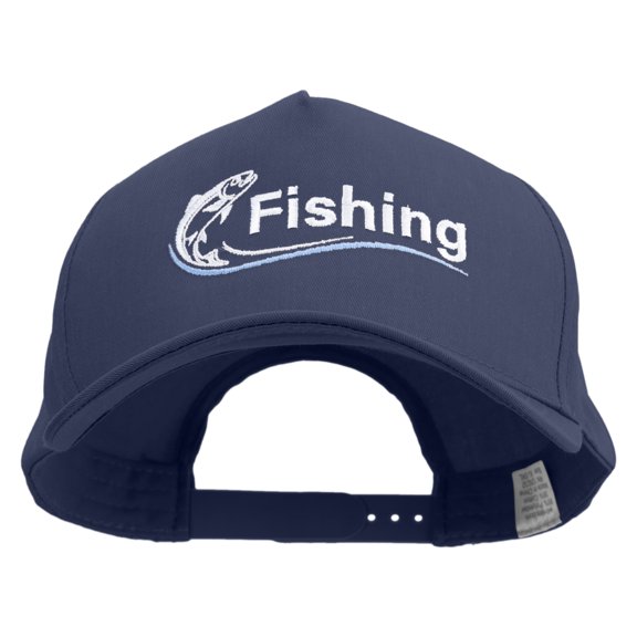 Fishing Club with Fish Logo Embroidered Big Size Solid Cotton Twill 5 Panel high profile Pro Style Snap Cap - Navy XL-3XL