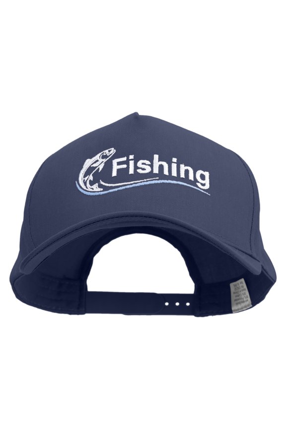 Fishing Club with Fish Logo Embroidered Big Size Solid Cotton Twill 5 Panel high profile Pro Style Snap Cap - Navy XL-3XL