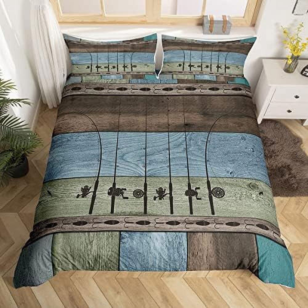 Fishing Comforter Cover Queen Fishing Pole Duvet Cover Fishing Gifts for Men Vintage Patchwork Wood Bedding Set Go Fish Quilt Cover Angle Hook Fishing