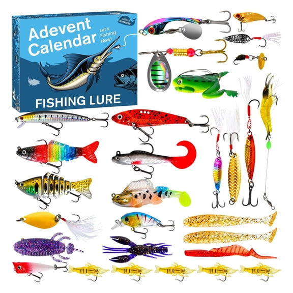 Fishing Countdown Calendar Advent Blind Box 24 Piece Lure Set, Christmas Present for Fisherman Husband, Assorted Multi-Variety Baits for Saltwater & Fresh