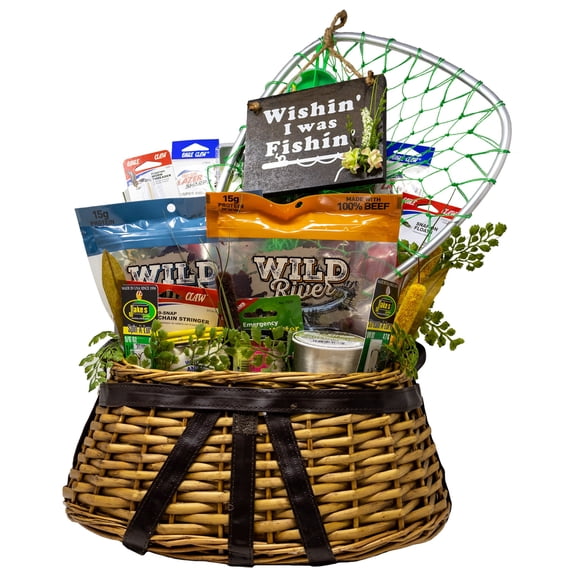 Fishing Creel Gift Basket Jam-Packed with Useful Fishing Equipment, Sweet Treats and Novelty Items | Father's Day | Gifts for him