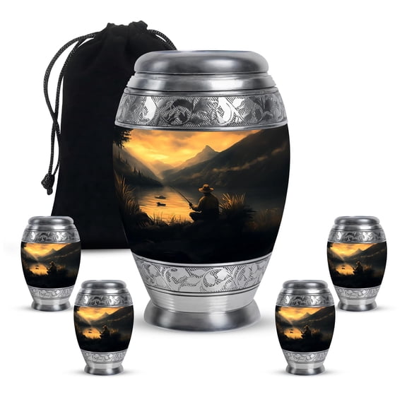 Fishing Cremation Funeral Urn for Human Adult Ashes, Keepsake Memorial Gift for Father & Mother, Handcrafted Mini Urns for Ash, Combo, Yellow (10 Inch & 3 Inch Mini Set of 3)