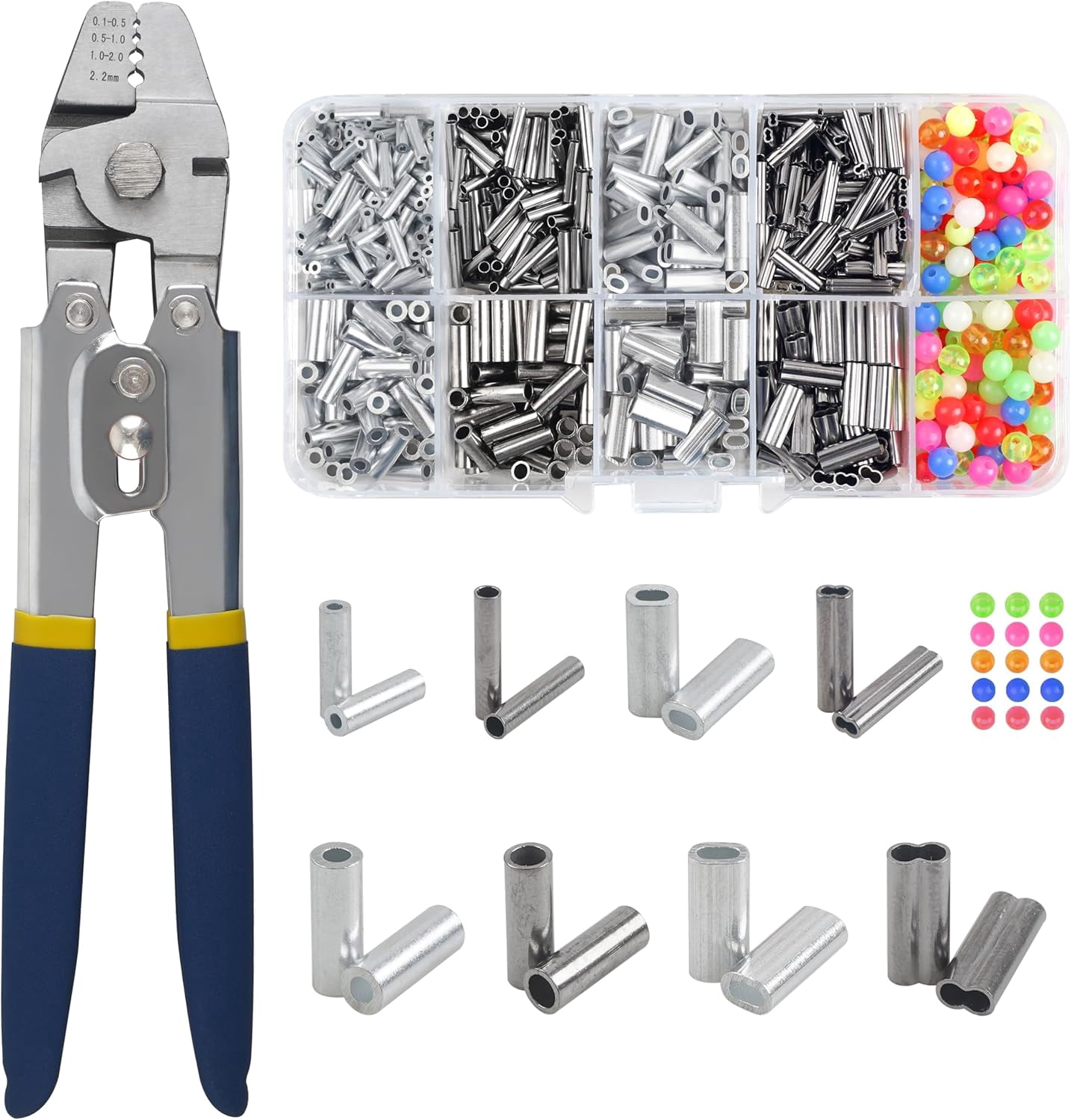 Fishing Crimping Tool Kit Stainless Steel Crimp Pliers Wire Rope Crimping Tool + 590pcs Crimp Sleeves Beads Kit,8 Crimping Sizes