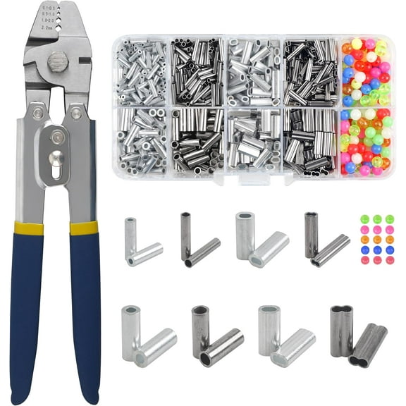 Fishing Crimping Tool Kit Stainless Steel Crimp Pliers Wire Rope Crimping Tool + 590pcs Crimp Sleeves Beads Kit,8 Crimping Sizes