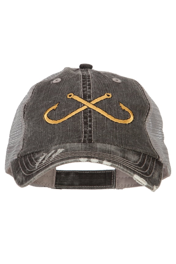 Fishing Crossed Fishhooks Embroidered Low Profile Cotton Mesh Cap - Black OSFM