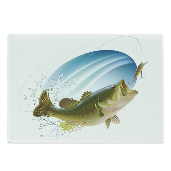 Fishing Cutting Board, Largemouth Sea Bass Catching a Bite in Water Spray Motion Splashing Wild Image, Decorative Tempered Glass Cutting and Serving Board, Large Size, Green Blue, by Ambesonne