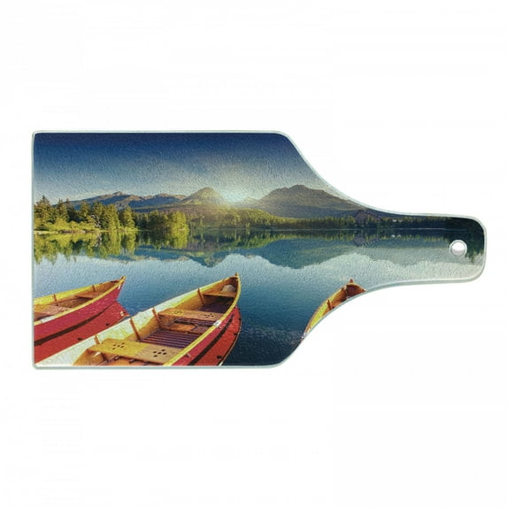 Fishing Cutting Board, Mountain Lake in National Park Slovakia Sailboats European Ecology Nature Print, Tempered Glass Cutting and Serving Board, Wine Bottle Shape, Multicolor, by Ambesonne
