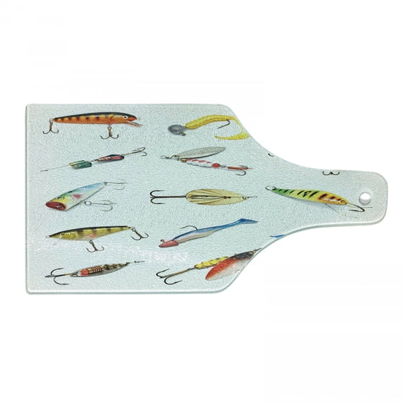 Fishing Cutting Board, Several Fish Hook Equipment Objects Trolling Angling Netting Gathering Activity, Tempered Glass Cutting and Serving Board, Wine Bottle Shape, Multicolor, by Ambesonne