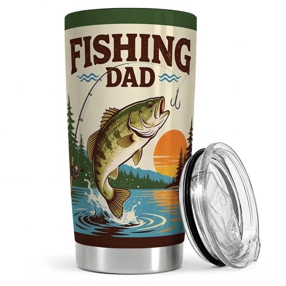 Fishing Dad Bass Lake 20oz Tumbler, Fishing Dad Tumbler, Angler Drinkware, Jumping Fish Rod Hook Pine Trees Sunset Water And Wave Accents, Outdoor Theme, Fathers Who Love Casting