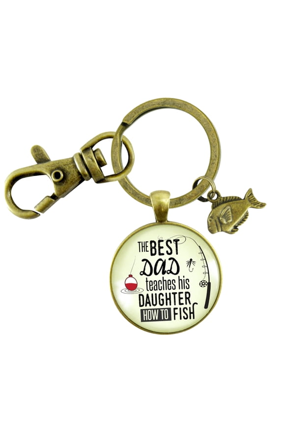 Fishing Dad Gutsy Goodness Bronze Metal Keychain Best Dad Teaches His Daughter How to Fish Adult Male Gift
