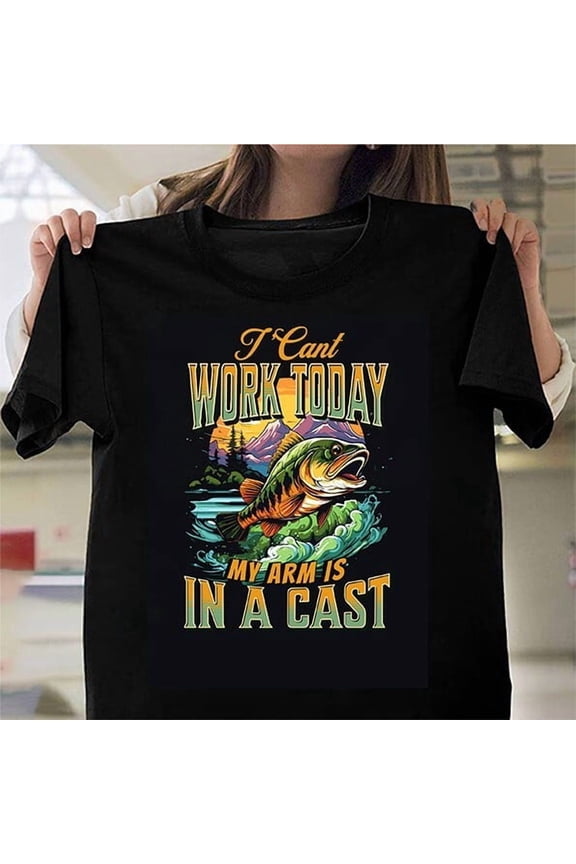 Fishing Dad Joke Funny T-Shirt Tee Gift Present I Can't Work My Arm Is In A Cast