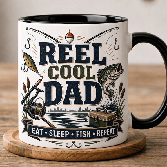 Fishing Dad Mug Reel Cool Dad 2D Flat Mug, Eat Sleep Fish Repeat Gift for Dad