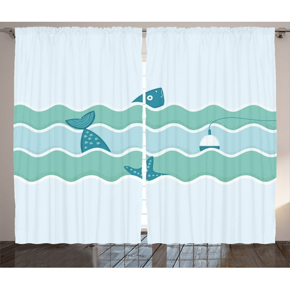 Ambesonne Teal Curtains 2 Panel Set, Ocean Waves Fishing Art, 108
