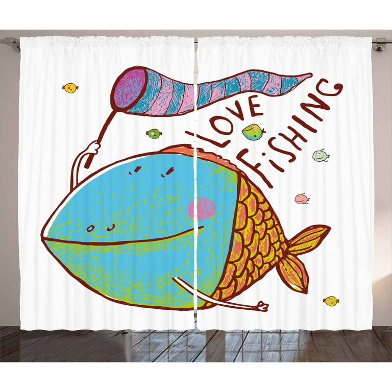 Fishing Decor Curtains 2 Panels Set, Kids Cute Large Fat Fish Holding a Flag  with Love Quote Humor Fun Nursery Theme, Window Drapes for Living Room  Bedroom, 108W X 90L Inches, Multi