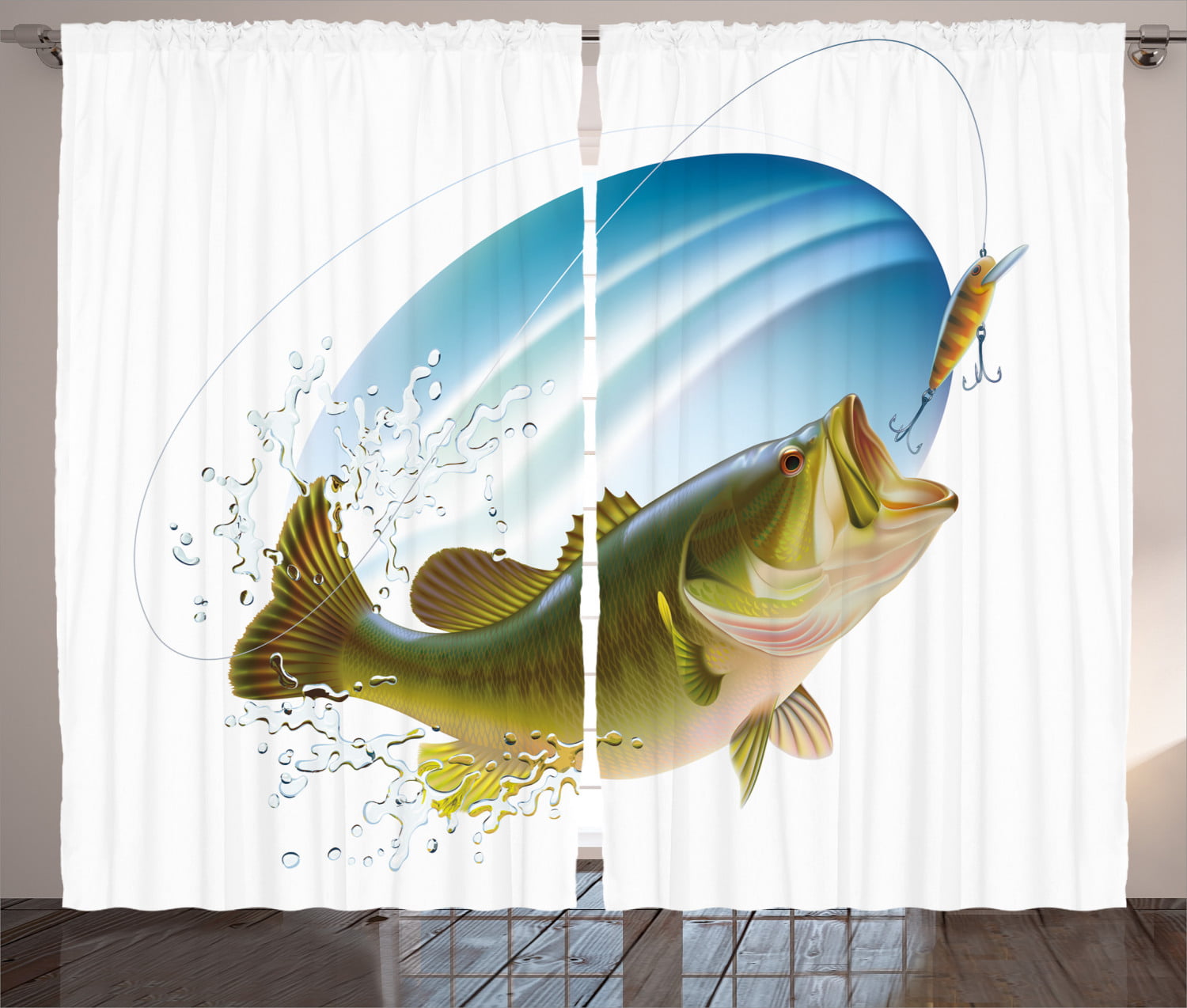 Fishing Decor Curtains 2 Panels Set, Largemouth Sea Bass Catching a Bite in  Water Spray Motion Splash Wild Image, Window Drapes for Living Room Bedroom,  108W X 90L Inches, Green Blue, by