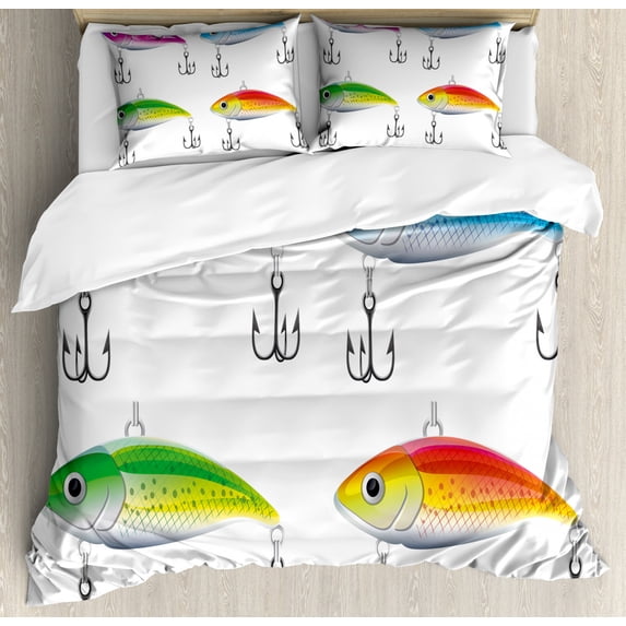 Fishing Decor King Size Duvet Cover Set, Collection of Fishing Lures in Trout Shape Trap for Sea Mammals Creatures Picture, Decorative 3 Piece Bedding Set with 2 Pillow Shams, Multi, by Ambesonne