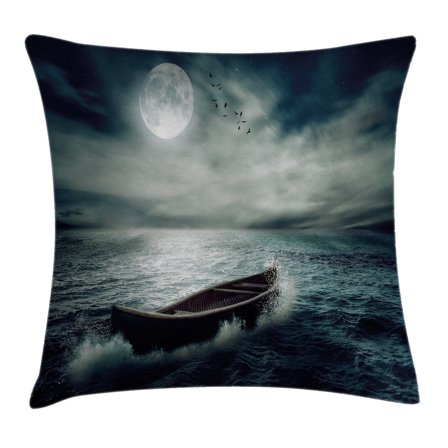 Fishing Decor Throw Pillow Cushion Cover, Boat Drifting in Ocean Full Moon Dramatic Night Sky Life Hope Concept, Decorative Square Accent Pillow Case, 16 X 16 Inches, Dark Blue White, by Ambesonne