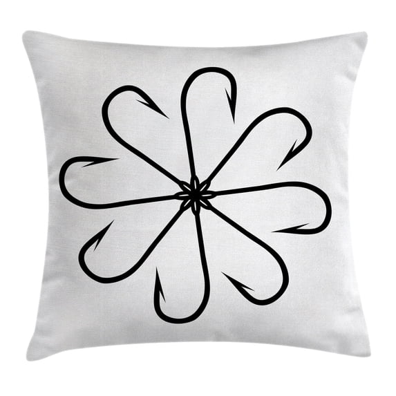 Fishing Decor Throw Pillow Cushion Cover, Flower Shaped Artisan Steel Multi Hook Gaff in Row New Needle Device Figure, Decorative Square Accent Pillow Case, 16 X 16 Inches, Black White, by Ambesonne