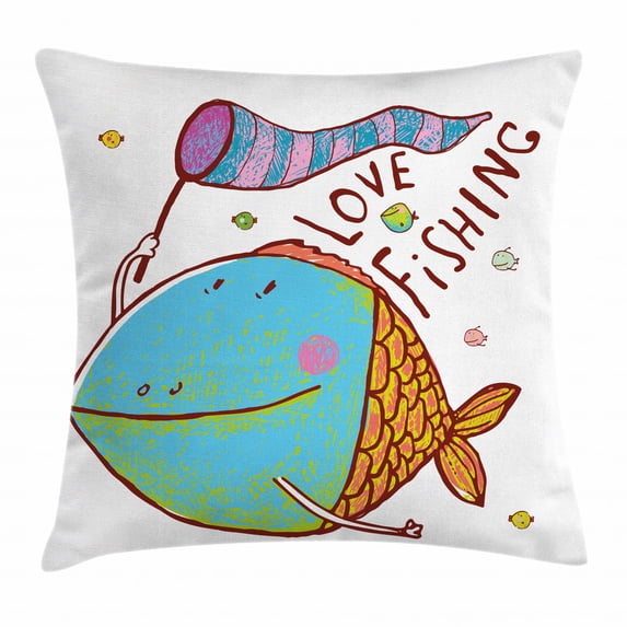 Fishing Decor Throw Pillow Cushion Cover, Kids Cute Large Fat Fish Holding a Flag with Love Quote Humor Fun Nursery Theme, Decorative Square Accent Pillow Case, 18 X 18 Inches, Multi, by Ambesonne