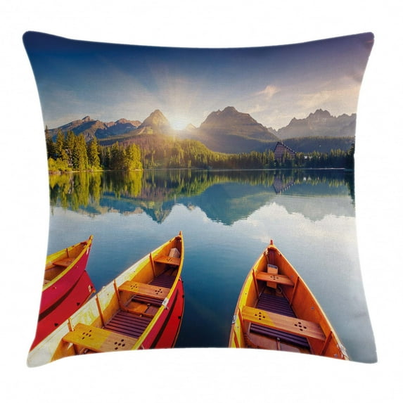 Fishing Decor Throw Pillow Cushion Cover, Mountain Lake in National Park Slovakia Sailboats European Ecology Nature, Decorative Square Accent Pillow Case, 24 X 24 Inches, Multicolor, by Ambesonne