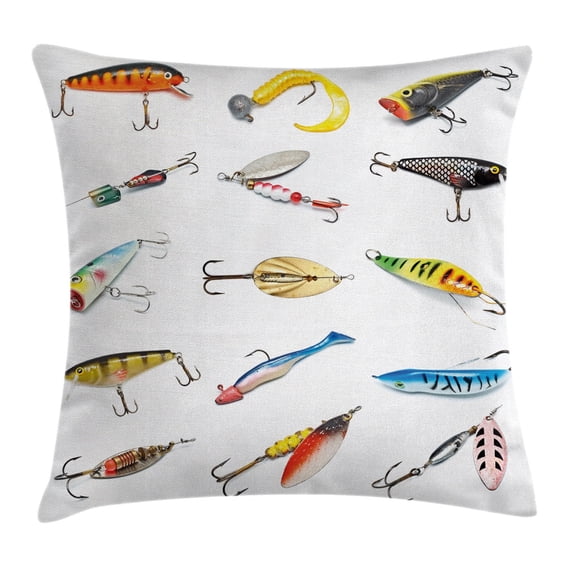 Fishing Decor Throw Pillow Cushion Cover, Several Fish Hook Equipment Objects Trolling Angling Netting Gathering Activity, Decorative Square Accent Pillow Case, 16 X 16 Inches, Multi, by Ambesonne