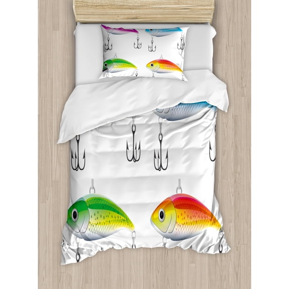 Fishing Decor Twin Size Duvet Cover Set, Collection of Fishing Lures in Trout Shape Trap for Sea Mammals Creatures Picture, Decorative 2 Piece Bedding Set with 1 Pillow Sham, Multi, by Ambesonne