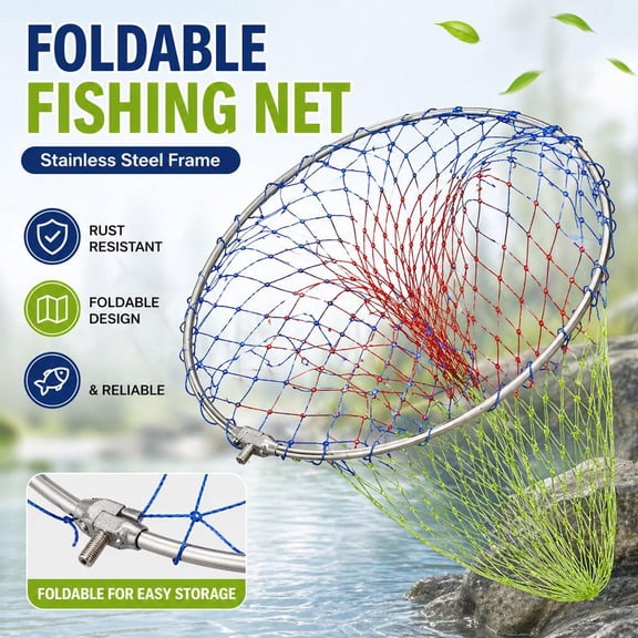 Fishing Dip Net Head 40 cm, Stainless Steel Landing Net with Foldable Design, Heavy Duty Nylon Mesh Replacement for Anglers