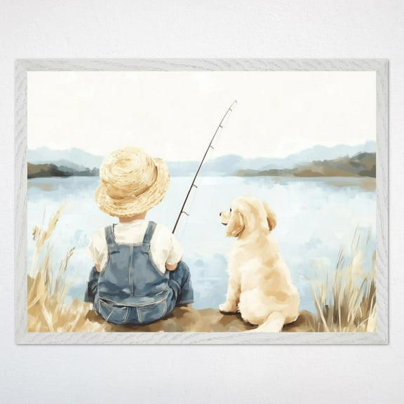 Fishing Dog Nursery Wall Art, Boy And Puppy Art, Serene Lake Poster, Gender-Neutral Kids Room Decor Wall Art, Modern Wall Decor, 8x12 UNFRAMED