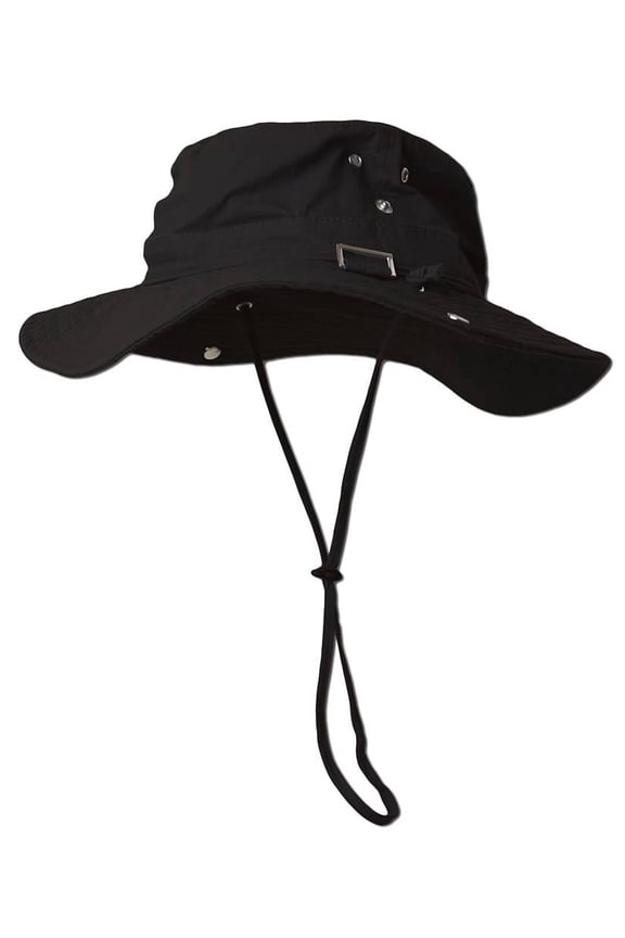 Fishing Draw String Boonie Hat With Top Side Buckle for ID, Black Small/Medium