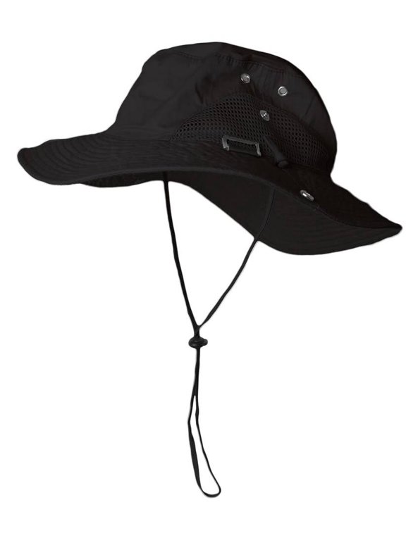 Fishing Draw String Mesh Boonie Hat With Top Side Buckle for ID, Black S/M
