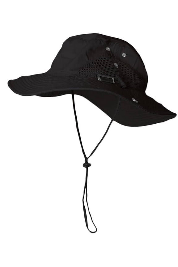 Fishing Draw String Mesh Boonie Hat With Top Side Buckle for ID, Black S/M