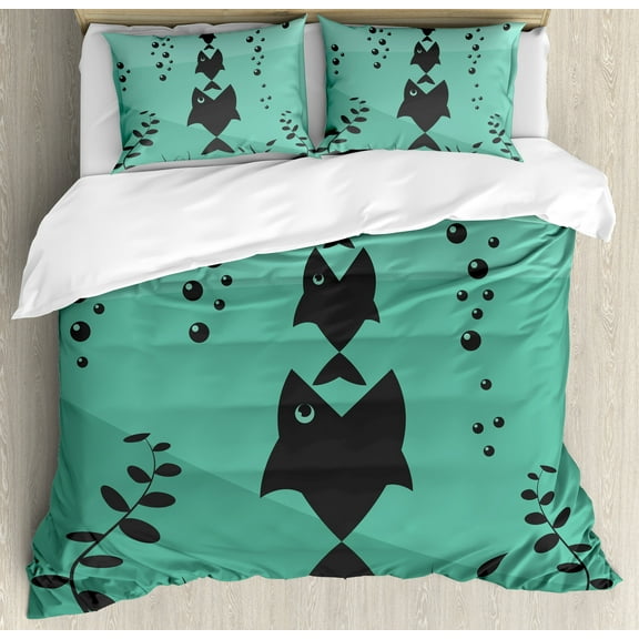 Fishing Duvet Cover Set, Big Fish Eats Little Small in Bubbles Underwater Ocean Symbolic Food Theme, Decorative 3 Piece Bedding Set with 2 Pillow Shams, King Size, Teal Grey, by Ambesonne