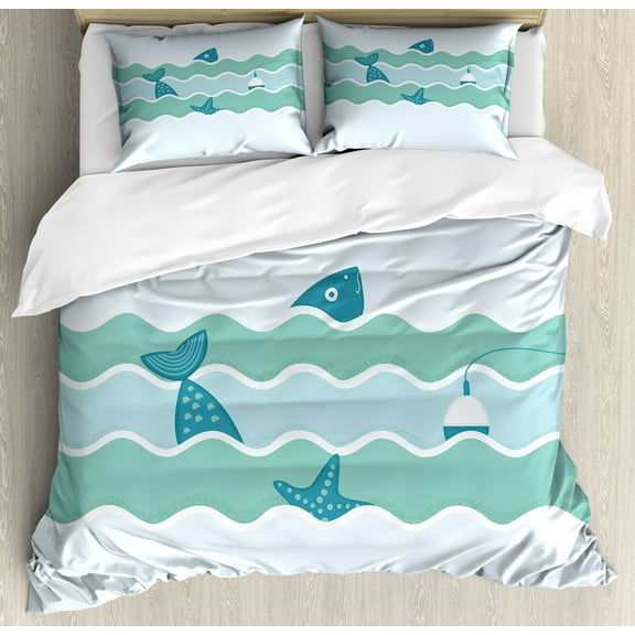 Fishing Duvet Cover Set, Fish Tail and Starfish Swimming in Flat Waves Submarine Comical Illustration Nature, Decorative 3 Piece Bedding Set with 2 Pillow Shams, Calking Size, Pale Blue, by Ambesonne